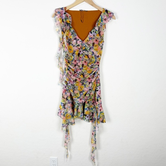 ZARA FLORAL RUCHED Mini Dress Green Multi - Picture 1 of 10